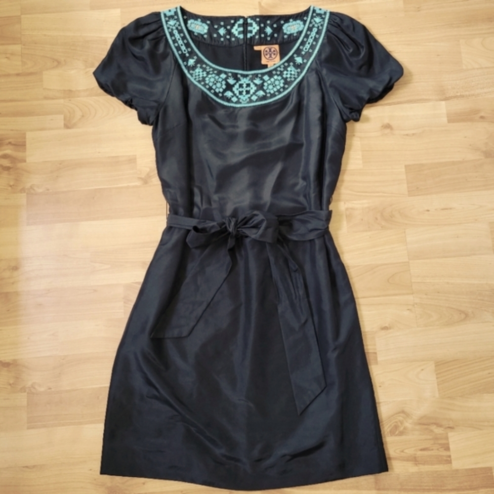 Tory Burch Lottie Black Silk Embroidered Belted Shift Dress 6